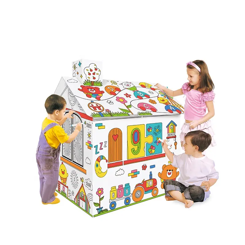 Garçon Filles Éducatif Graffiti Jouet Jeu de Carton Couleur Maison BRICOLAGE Coloré Doodle Papier Cottage Maison En Carton Pour Enfants