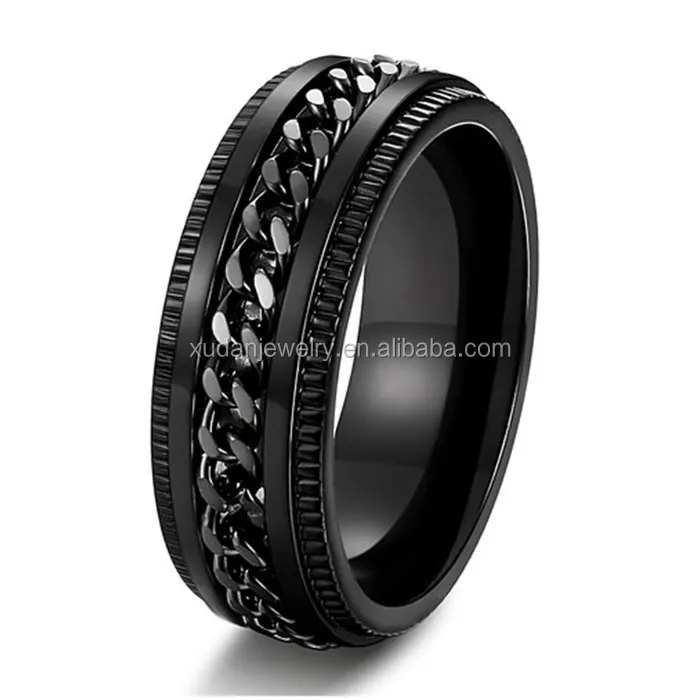 Stainless Steel Black Ring Grooved Edge Wheel Center Finger Chain Link Ring Bracelet