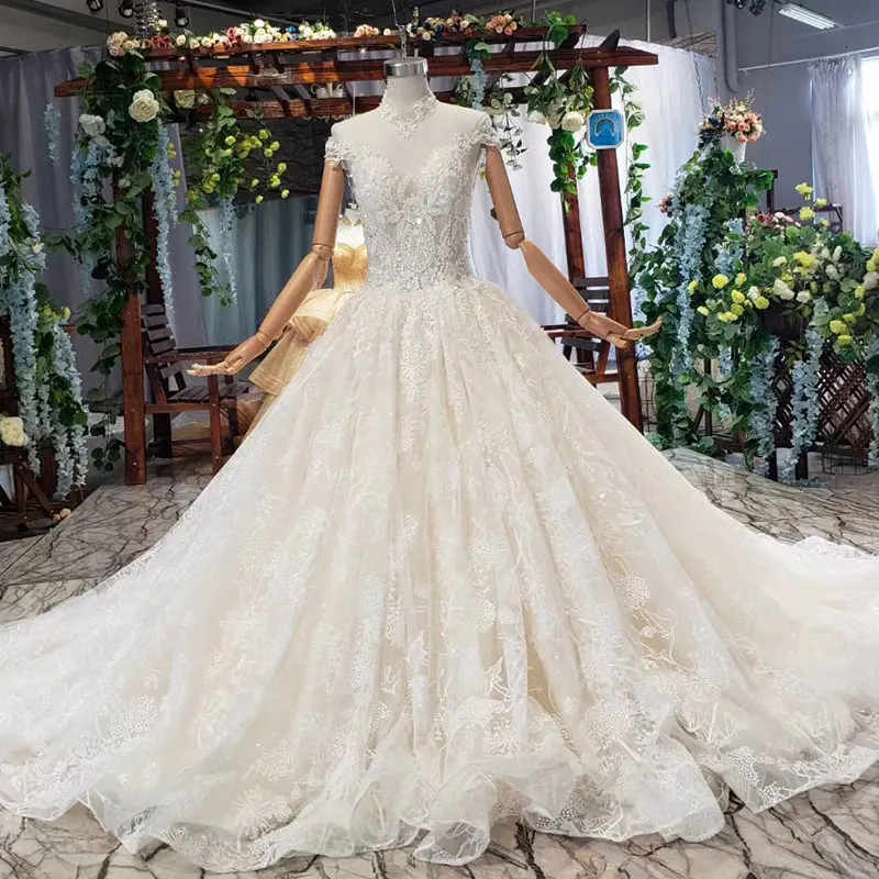 HTL576 Cô Dâu Wedding Dresses Custom Made Thiết Kế Đính Cườm Cổ Cao Hồi Giáo Bridal Gown Wedding Dress