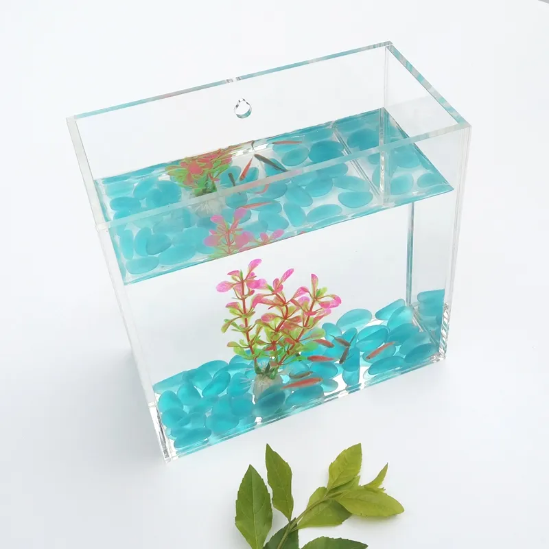Mini aquário acrílico de pendurar na parede, pequeno tanque de peixes transparente