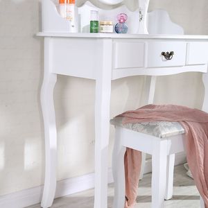 Meuble de chambre à coucher en <span class=keywords><strong>bois</strong></span> <span class=keywords><strong>blanc</strong></span> au design moderne, coiffeuse avec tabouret <span class=keywords><strong>et</strong></span> miroir rond - Product Image 5