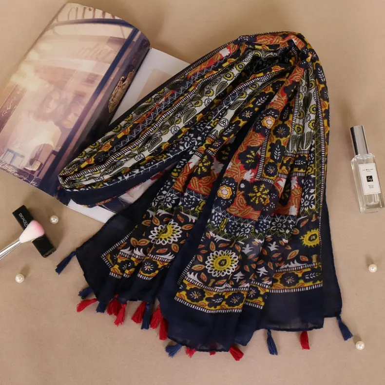 Fancy katoen bloemen kwastje hijab fashion moslim sjaal kashmiri sjaals pashmina