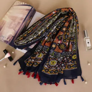 Kashmiri lenço com borla floral, cachecol de algodão com borla hijab moda pashmina