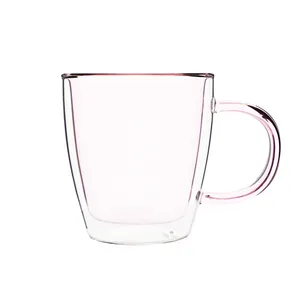 Doppia parete rosa tazza di vetro tazza con manico