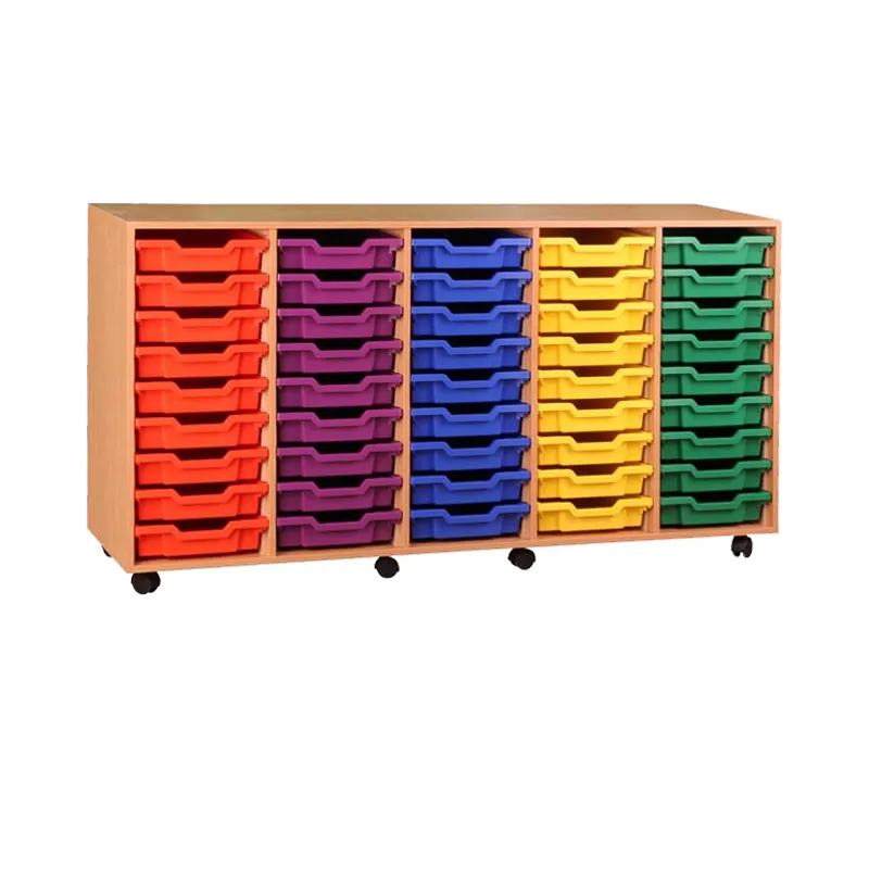 Großhandel Custom Color Multilayer Holz Lagerung Mobile Kindergarten Klassen zimmer Holz Kunststoff Lagerung mit Rädern