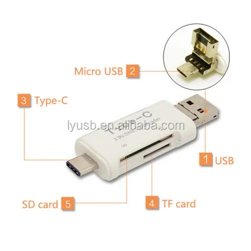 Pembaca Kartu Tipe-c OTG Universal 3 Dalam 1, Pembaca Kartu USB 3.0 USB A Mikro USB Kombo Hingga 2 Slot TF SD Tipe C untuk Ponsel Pintar PC