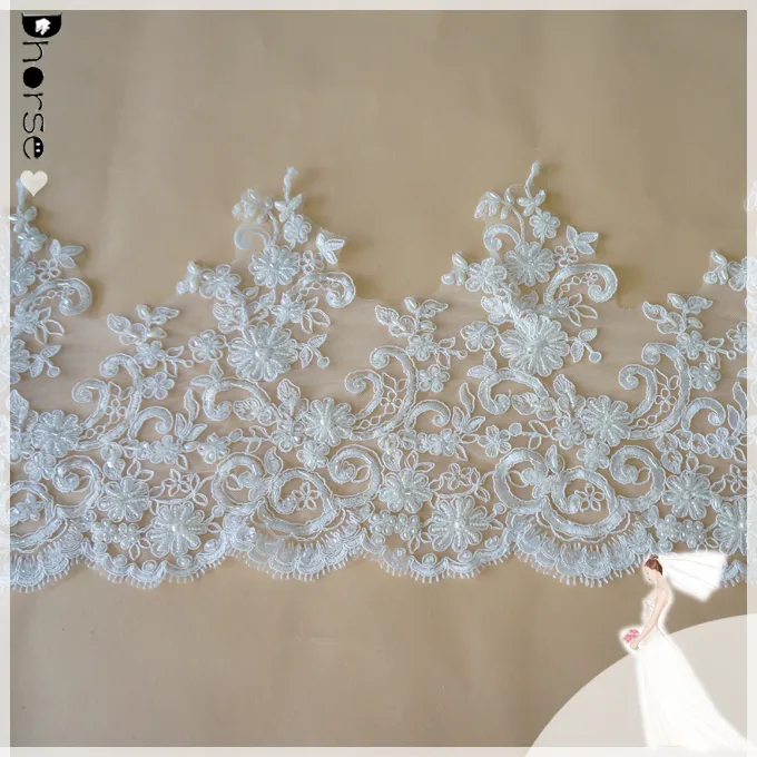 Wedding veil lace fabric/bridal beaded lace trim wholesale 24cm wide/beads and pearls embroidery designs-DHBL1705