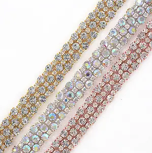 Clear Champagne Hotfix Glass Rhinestone Chain Fabric Crystal Ribbon Trim Strass Applique Banding Crafts RH762