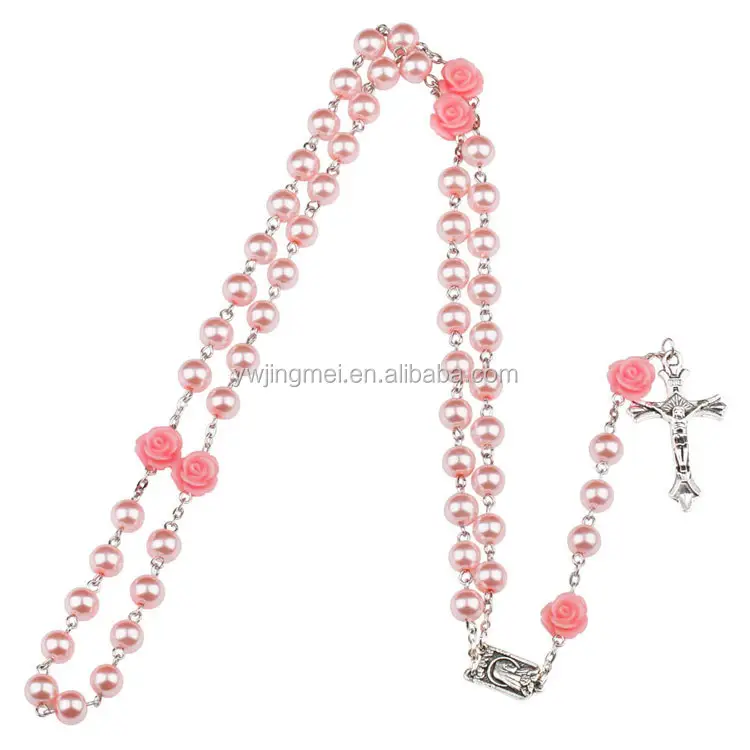 Collier en perles de verre avec Rose corail pour femmes, bijoux religieux, perles de verre de 8mm, église catholique, cadeaux