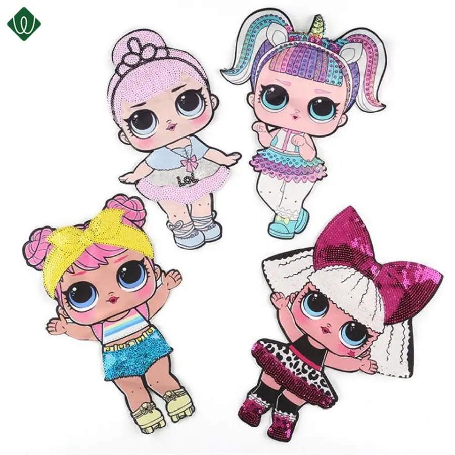 Adesivo bordado com lantejoulas 3d reversível, bonecas dos desenhos animados meninas