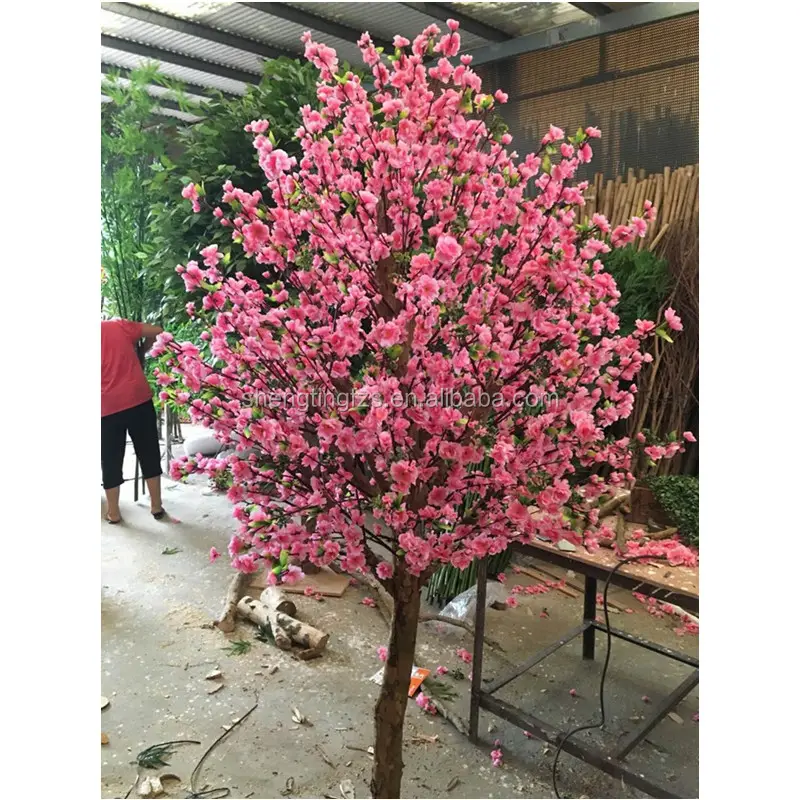 Adereços de exibição de madeira, planta falsa artificial flor de pêssego falso flor de árvore bonsai