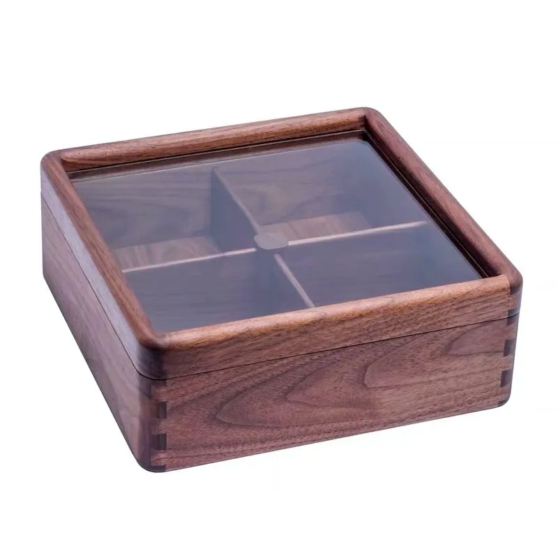 Caja de caramelos cuadrada personalizada de madera de nogal con tapa, 4 compartimentos, caja de tuercas de madera, regalo de Navidad