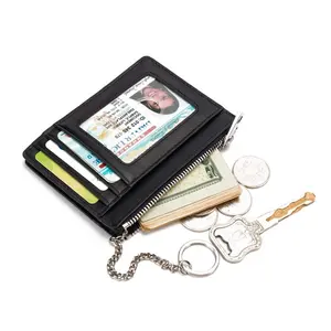 Leather Zip Credit Card Holder Wallet With Key Ring