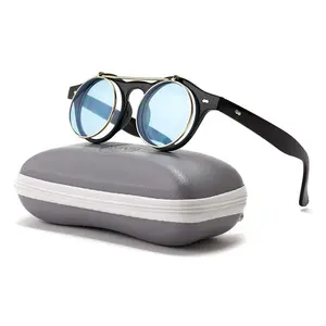 Venta al por mayor steampunk gafas de sol ronda flip-Gafas de sol clásicas y redondas steampunk para hombre y mujer, lentes de sol retro de los 80