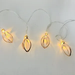 Cordão de luzes geométrico led em ouro rosado, alimentado por bateria, pingente de metal, estilo boho, gaiola, para quarto