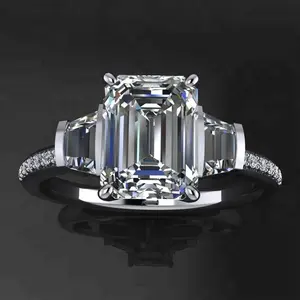 Atacado lado pedra de esmeralda anéis de noivado-Top Cor Trapézio 3.5ct Emerald Cut Side 14k ouro branco Moissanite Anel de Noivado de Pedra