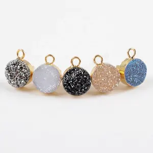 G1537 Gold Plated Round Titanium Agate Druzy Earring Studs for Women Charm Earrings Jewelry