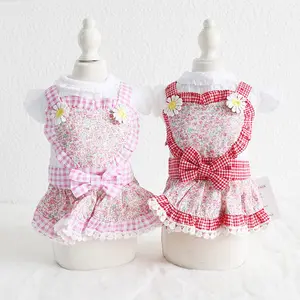 New Spring Summer Pet Dog Clothes Love heart style flowers maid dress, Cotton and linen breathable puppy cute maid outfit