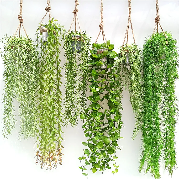 Último diseño Real tacto Artificial verde colgante vid con hierba macrame colgante de pared de bonsai de la Oficina para el hogar Decoración de la fiesta