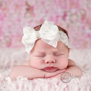 婴儿头发大白色蕾丝蝴蝶结花头带蕾丝宽丝带与珍珠钻石发带手工发饰新生儿