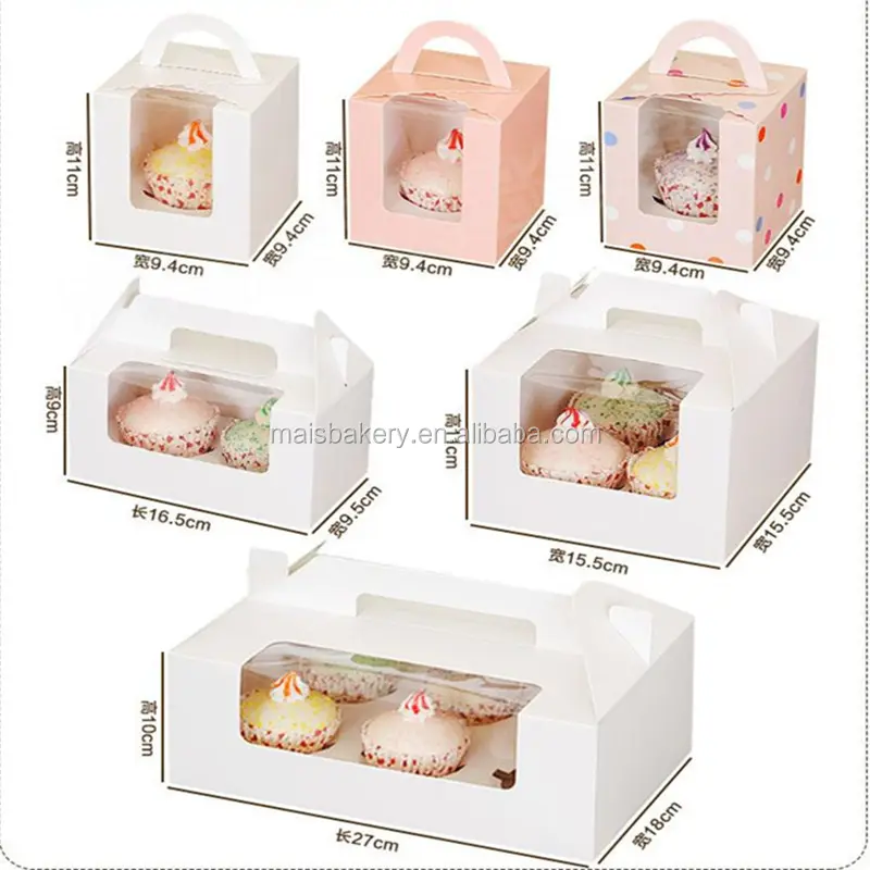 Kraft Paper Bakery Use White 4 Cupcake boxes with clear window and handle
