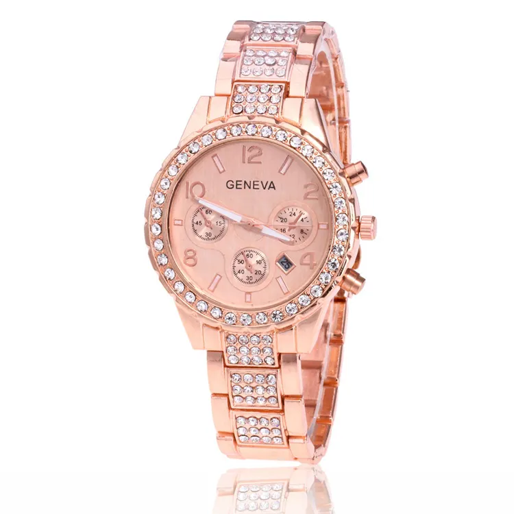 Geneva Quartz Diamond Steel Date Damen uhr Luxus Damen Armbanduhr für Mädchen