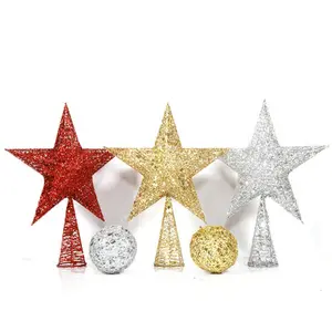 Christmas Tree Ornament Metal Christmas Tree Top Star With Golden Powder and Glitterging Piece For Christmas Decoration Supplies