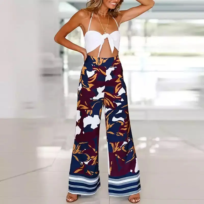 Pantalones largos informales con estampado Floral para mujer, calzas holgadas de cintura alta, para playa, mar costero, pierna ancha