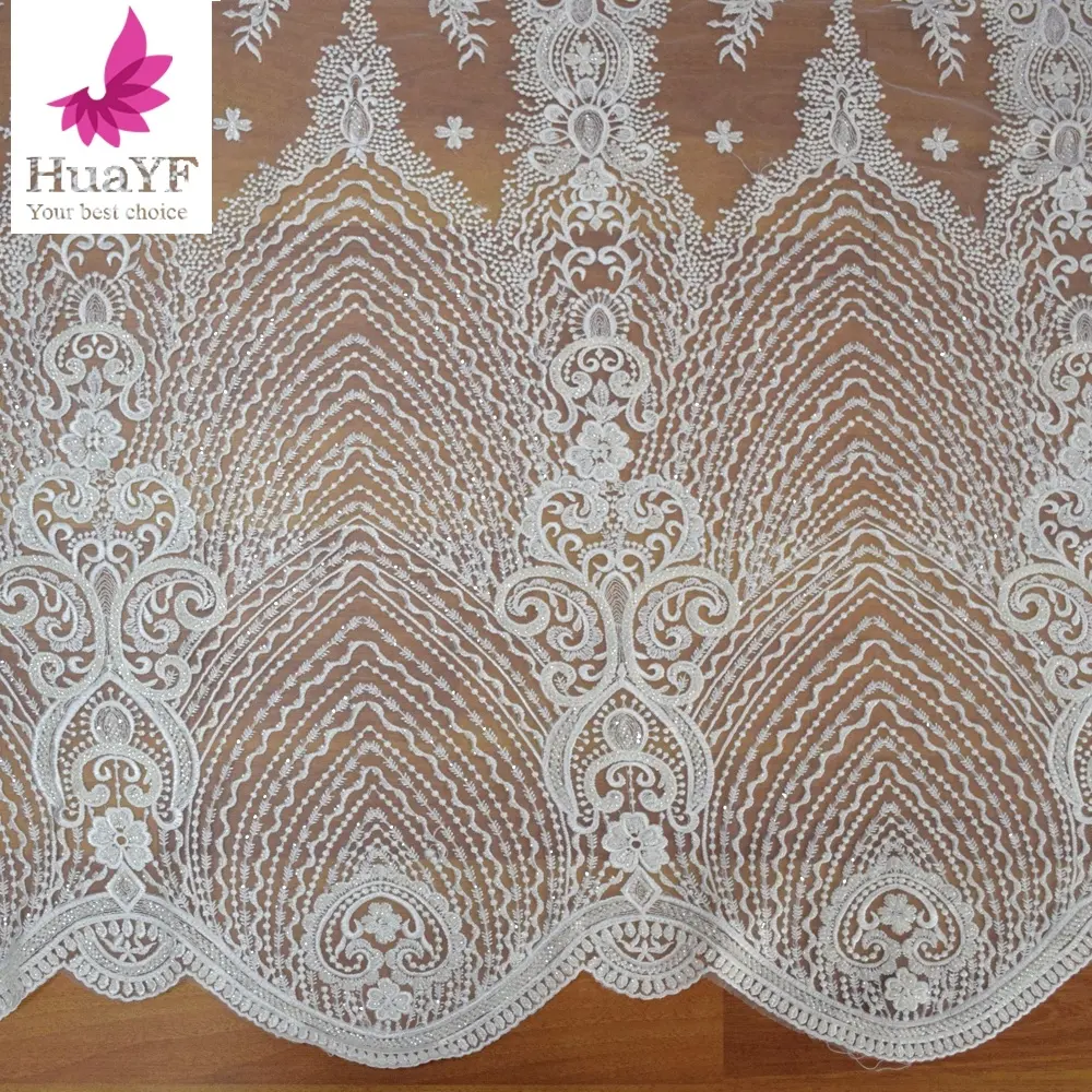 Branco africano bordado de casamento de tule lantejoulas renda mão frisado renda tecido para vestido de noiva HY1044-1