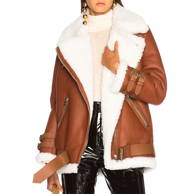 OEM Women Long Sleeve Buckle Strap Fur Collar Leather Jacket