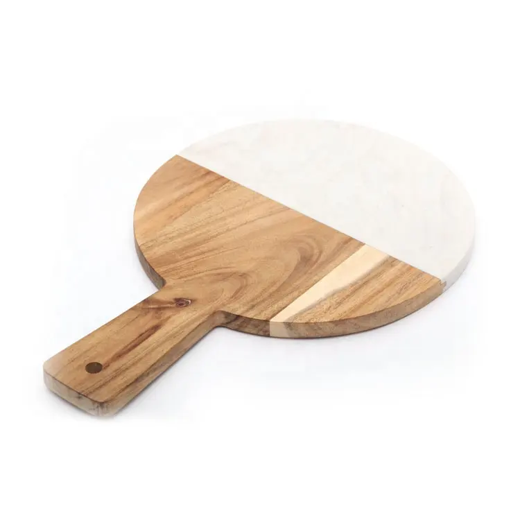 Wholesale Round Marble and Acacia Wooden Cheese Serving Board Charcuterie Platter with Handle for Wine Crackers Brie and Meat
