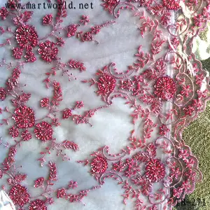 Tissu brodé en dentelle perlée de fleurs rouges chinoises, nouvelle collection, taille TB — 271