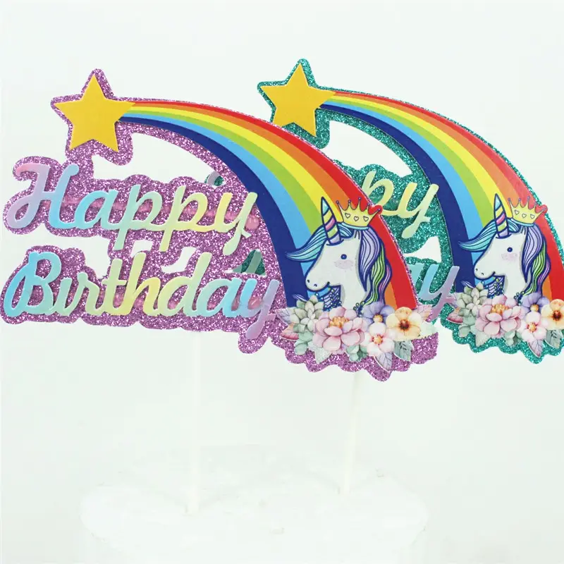 Hot Selling Glitter Unicorn Cupcake Topper Set party decorative rainbow cake wrappers toppers paper kid birthday
