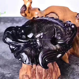 Natural al por mayor adornos <span class=keywords><strong>de</strong></span> cristal único negro obsidiana piedra tallado pescado <span class=keywords><strong>rico</strong></span> y seguro para el hogar adornos - Product Image 2