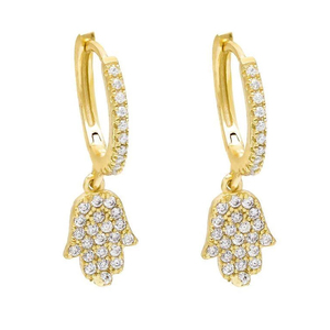 925 <strong>Sterling</strong> <strong>Silver</strong> Gold Plated CZ Hamsa Hand Huggie <strong>Dangle</strong> <strong>Earrings</strong> - Product Image 1