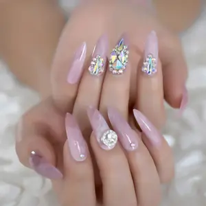 3D Luxus Nägel Rosa Marmor Extra Lange Stiletto Presse Auf Fingernägel Glück Laufende Perle Kristall Benutzerdefinierte Falsche Nägel mit Kleber