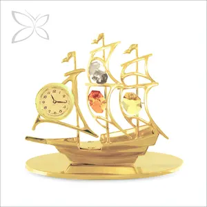 Crystocraft 24k Gold Plated Crystal Sailing Boat with Brilliant Cut Crystals Desk Miniature Clock Collectible Figurine