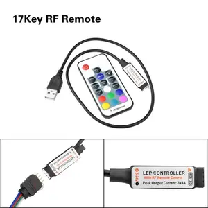 Kit de Controlador LED, 1m, USB, DC 5V-24V, 17 teclas, RF, Control remoto inalámbrico, atenuador/en línea para luces de tira LED RGB 5050 3528