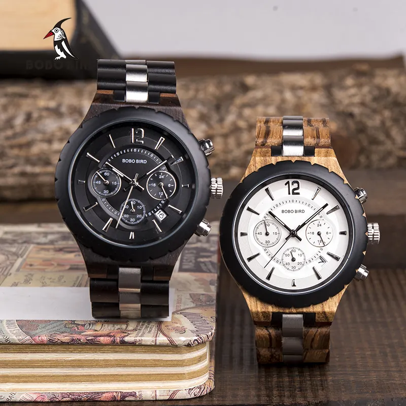 Wood Wristwatch BOBO BIRD Stainless Steel Men's Personalized Wood Watch Quartz Auto Date Wristwatch Relogio Masculino