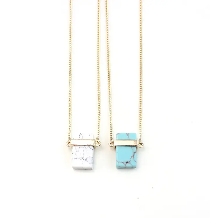 Cheap natural stone geometric rectangles blue turquoise white turquoise pendant thin chain necklace