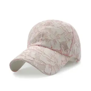 女孩时尚蕾丝面料运动帽高品质涤纶花朵图案棒球帽