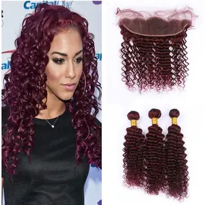 99J burgundy brazilian indian virgin raw remy deep curly wave virgin hair bundles and lace frontal wine red color hair weaves