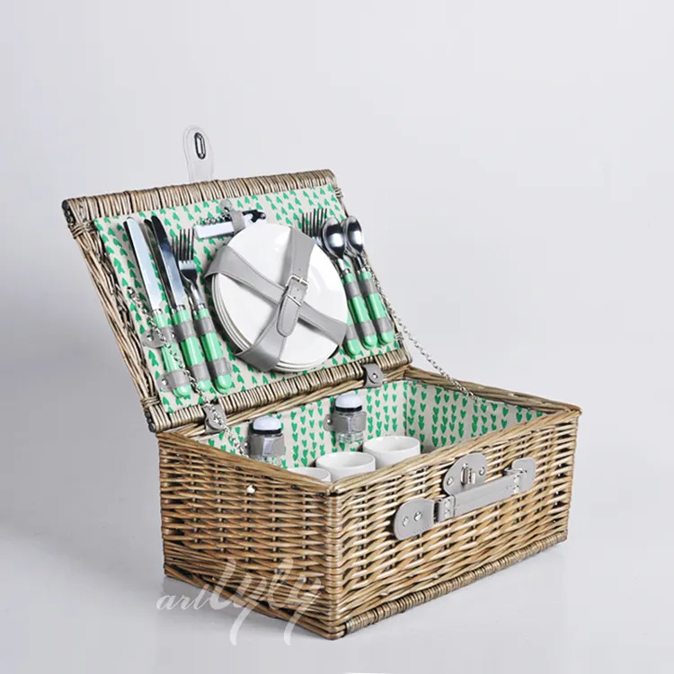 Woven Rectangular 4 Person Natural Rattan Wicker Crafted Cutlery Food Fruit Storage Willow Picnic Basket Set With Fabric Lining