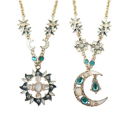 2018 nuevo estilo de moda sol y luna gato ojos de piedra oro collar largo para las niñas
