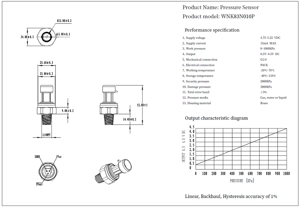 WNK baixo custou a 0.5-4.5V o sensor de bronze da pressão para o gás de ar da água