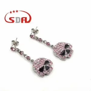 Skull Earrings 316l Stainless Steel Biker Skull with White/Pink Stones Women Earring Jewelry