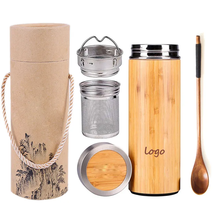 Bamboo Water Bottle Stainless Steel Tea Infuser Equipped Wooden Vacuum Flask 300ml/450ml/550ml