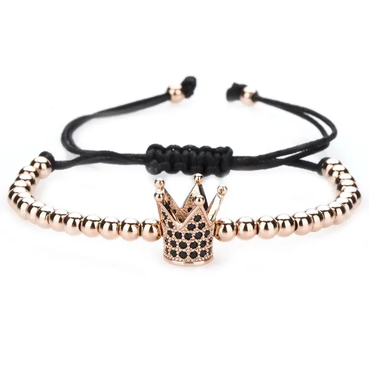 Newest jet zircon paved meaning thick macrame crown black gold Bracelet for men