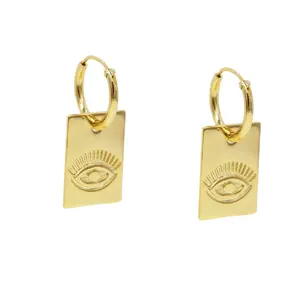 geometric gold plated square tag pendant charm engraved evil eye charm hoop earring