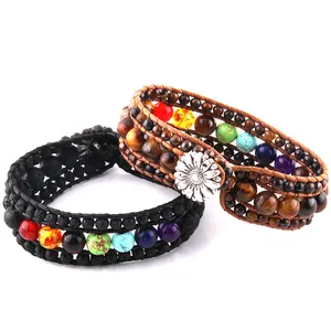 Pulseira de pedras naturais, pulseira frisada de energia bonita da moda, feita à mão, com pedra natural, envoltório de 7 pulseiras de chakra